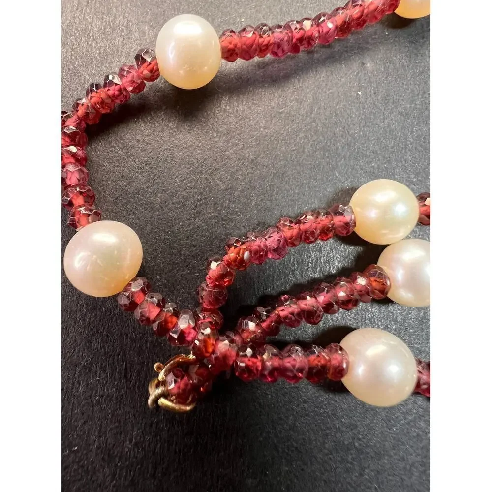 14k gold garnet and pearl station necklace 18 inches